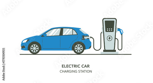 Blue electric car is charging at a modern public station