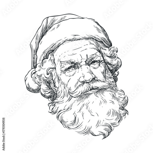 Classic Santa Claus illustration with detailed beard and hat design.Vector hand draw