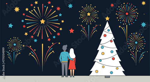 Couple Watching Fireworks Display Near Christmas Tree.