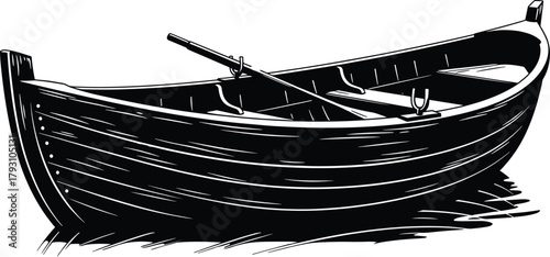 Black and white illustration of a wooden rowboat with oars, rowboat, boat, wood, wooden boat, oars, oar, water, reflection, black and white, illustration, graphic, drawing, vintage, nautical, maritime
