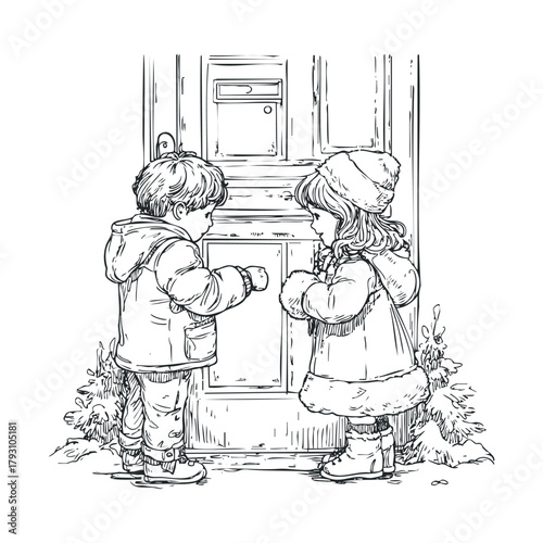 Children knocking on a door during winter season.Vector hand draw