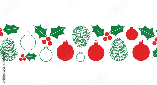 Festive Christmas Border with Ornaments, Holly, and Pine Cones.