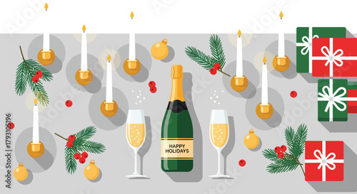 Festive New Years Celebration with Champagne and Gifts.