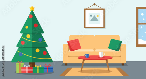 Festive Christmas Living Room Scene with Tree and Gifts.