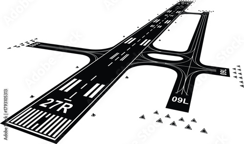 Black and white illustration of airport runway markings, airport, runway, aviation, tarmac, asphalt, markings, lines, numbers, 27r, 09l, landing, takeoff, navigation, air traffic control, airport infr