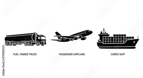 Illustrative icons depicting various modes of transportation truck plane and ship