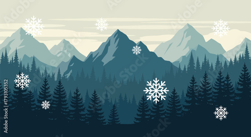 Winter Landscape with Snowflakes and Mountain Range Illustration.