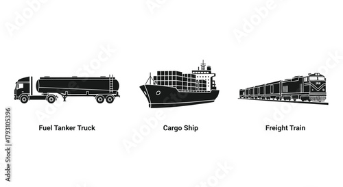Illustrative depiction of transportation tanker truck cargo ship and freight train