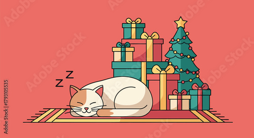 Sleeping Cat with Christmas Gifts and Tree Illustration.