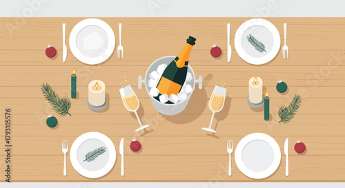 Festive Table Setting with Champagne and Elegant Decorations.