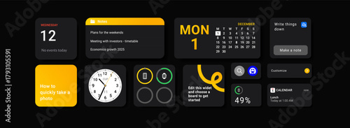 Minimalist dark iOS-style widget interface with clock, calendar, notes, battery and productivity tools. Perfect for UI and UX, apps, and productivity interfaces.	