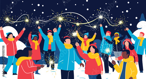 Group of People Celebrating with Sparklers in Winter.