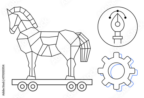Geometric Trojan horse on wheels, large gear, and pen tool icon. Ideal for technology, innovation, security, design, engineering creativity or strategy concepts. Simple flat metaphor