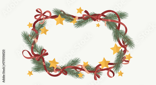 Festive Christmas Wreath with Red Ribbons and Golden Stars.