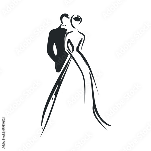 Elegant couple silhouette in wedding attire for bridal designs.Vector hand draw