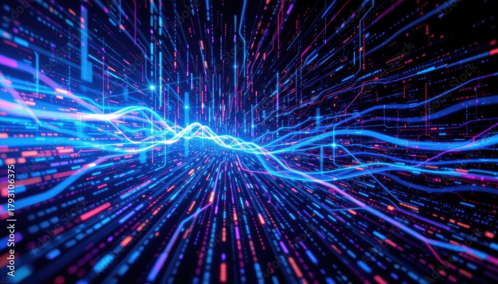 Fototapeta premium Dynamic Flow of Neon Light Patterns Representing Data Streams in a Futuristic Digital Space