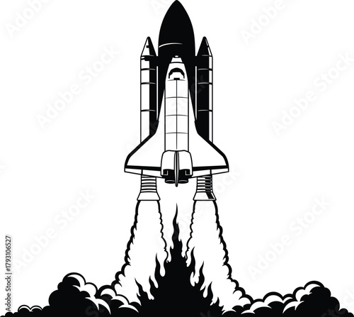 Black and white space shuttle launching with fire and smoke, space shuttle, rocket, launch, takeoff, blast off, space exploration, spacecraft, spaceship, shuttle, shuttlecraft, shuttle bus, shuttle se