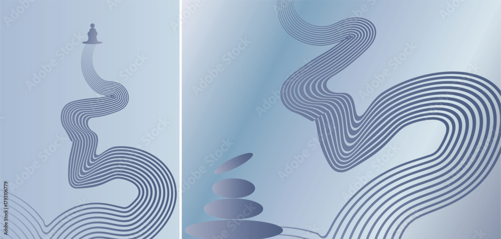 Obraz premium Blue Linear Contour Wave with Lighthouse — Gradient Line Landscape Background for Poster, Website Banner, and Branding Design