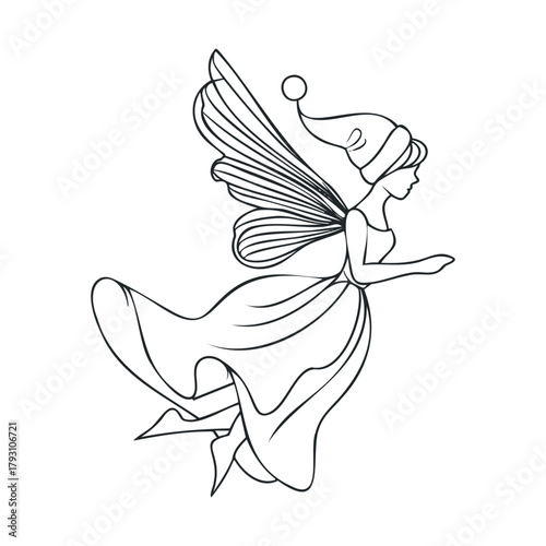 Christmas fairy with wings and festive hat in joyful flight.Vector hand draw