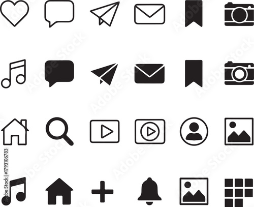 Black Minimal Universal Icon Set - Communication, Media, Home