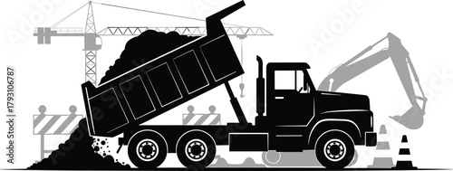 Black dump truck unloading dirt near construction cranes and excavator, construction, dump truck, dirt, unloading, excavation, heavy machinery, crane, excavator, site, building, industry, transport, m