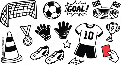 Vector illustration set of soccer equipment. Includes goal, ball, shout, stadium, uniform, award, gloves, boots, cone, referee and trophy elements.
