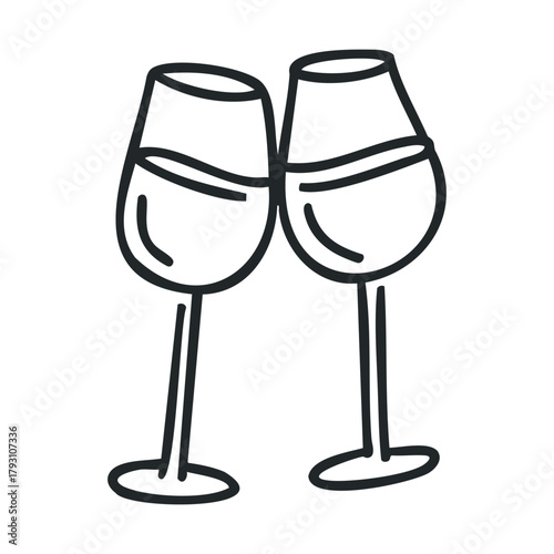 Toasting glasses for celebration and special moments.Vector Black and white line art