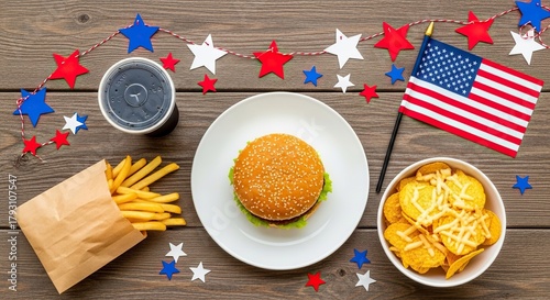 Celebrate freedom with a classic burger, crispy fries, and chips, all adorned with festive patriotic stars and an American flag for your holiday gatherings.