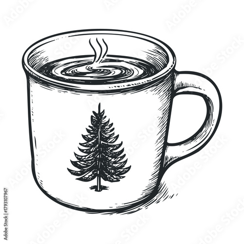 Cozy cup of hot beverage with tree design warming up the mood.Vector hand draw