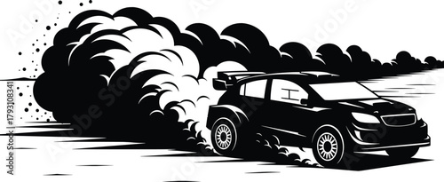 Black rally car drifting with dust and smoke vector, car, rally car, drifting, dust, smoke, motion, speed, action, vehicle, transportation, black and white, graphic, illustration, silhouette, off road