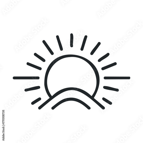 Minimalist sun rising over rolling hills for relaxation design.Vector outline icon