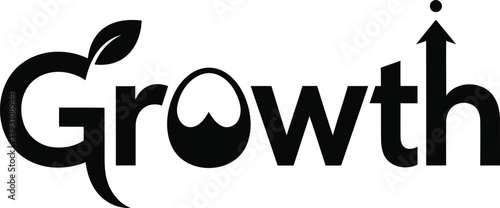Minimalist black and white logo with stylized Growth text. Features a leaf detail, and an upward arrow, symbolizing success and progress. Vision for the future.