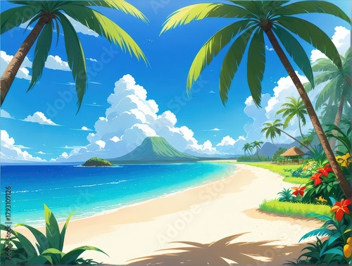 Tropical Beach Landscape with Palm Trees and Clear Blue Ocean Under a Bright Sky