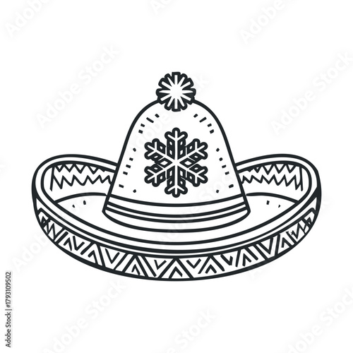 Unique winter hat design featuring a sombrero and snowflake motif. Vector outline icon