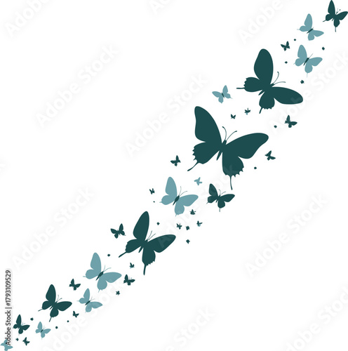 Butterfly swarm vector illustration with blue hues on white background design