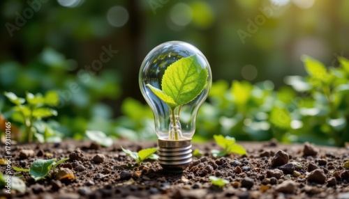 Lightbulb Containing Green Leaf on Soil Surrounded by Lush Foliage in Natural Outdoor Setting