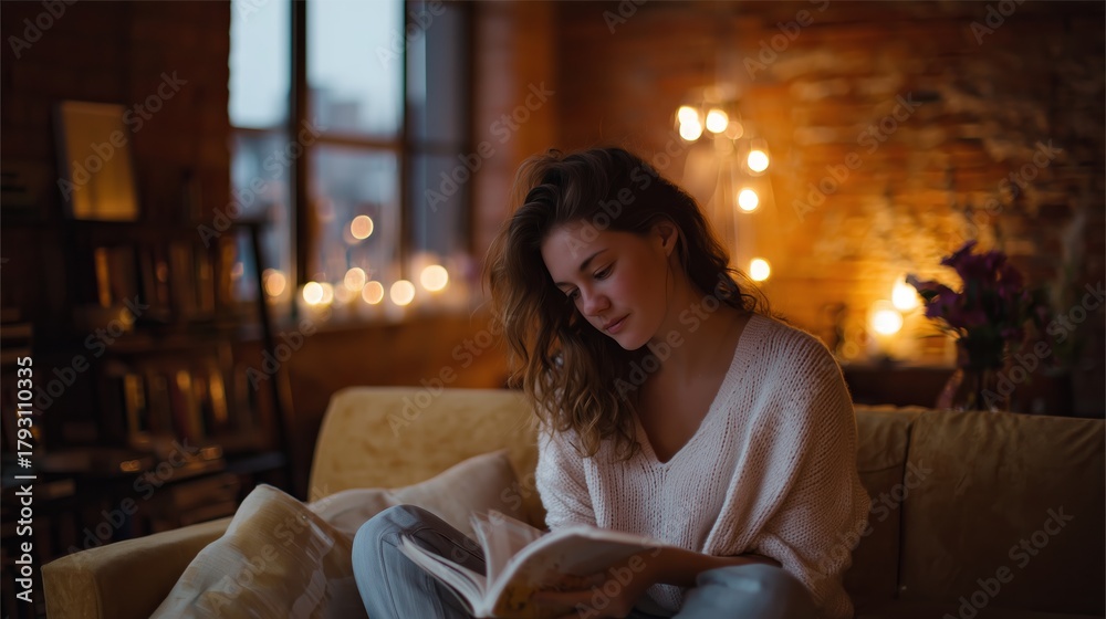 Fototapeta premium Cozy evening reading by candlelight in a warm, inviting living space