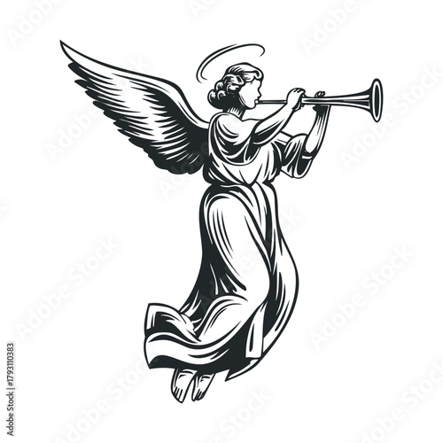 Angel playing trumpet in a spiritual scene for holiday design.Vector hand draw