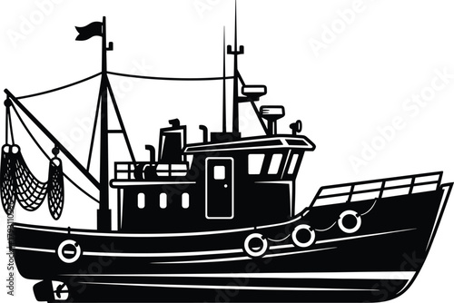 Black silhouette of a fishing trawler boat with nets fishing boat, trawler, boat, ship, vessel, maritime, sea, ocean, water, transportation, industry, commercial, fishing, net, nets, silhouette, black