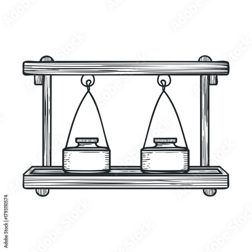 Vintage balance scale with jars showing measurement concepts.Vector hand draw