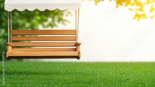 Fototapeta Naklejka Na Ścianę i Meble -  Relaxing on a wooden garden swing under a canopy as the sun sets over a serene summer park scene