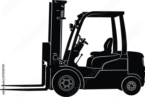 Black silhouette of a forklift truck on white background, forklift, truck, silhouette, black, white, industrial, vehicle, machinery, heavy equipment, logistics, warehouse, material handling, lifting, 