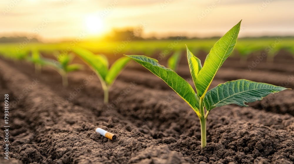 Fototapeta premium Cigarette leaves thrive under radiant sunset, casting a serene glow over the tranquil field in the distance