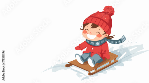 Smiling child sledding downhill on snowy slope child on toboggan hill