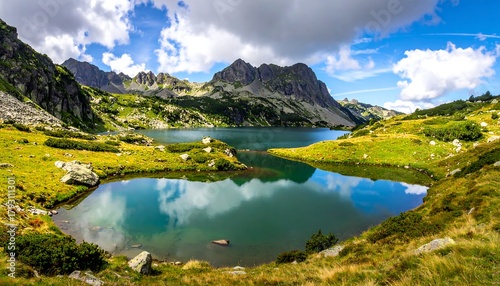 Fototapeta Naklejka Na Ścianę i Meble -  Scenic mountain lake reflects sky and peaks, surrounded by meadows with grasses under cloudy blue sky
