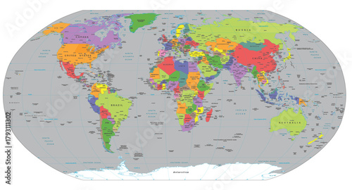 Political World Map - High-Detail, Multi-Colored Winkel Tripel Projection
