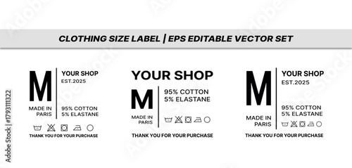 Editable Minimalist Clothing Size Labels Set, Vector Template for Garment Tags, Care Symbols, Fabric Composition, Label Design EPS