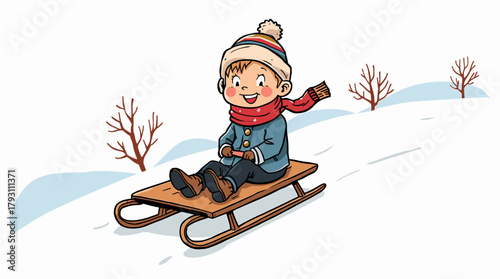 Happy child gliding on wooden sled across snowy slope child on toboggan hill