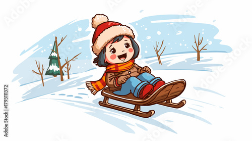 Smiling child riding sled through winter field child on toboggan hill