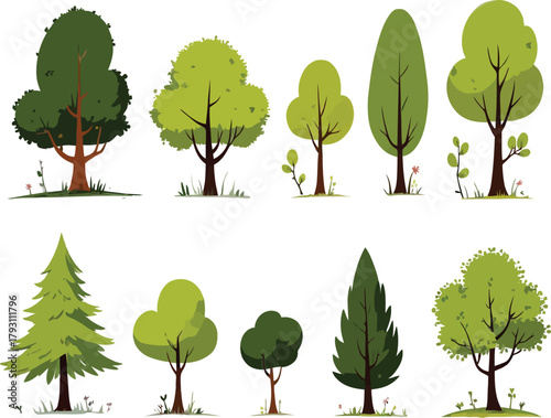 Cartoon style trees collection variety of green trees on white background